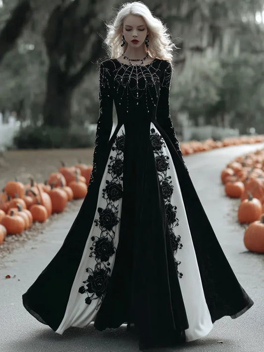 Women's  Halloween Black Roses With Spider Web Art Comfy Velvet Round Neck Maxi Dress