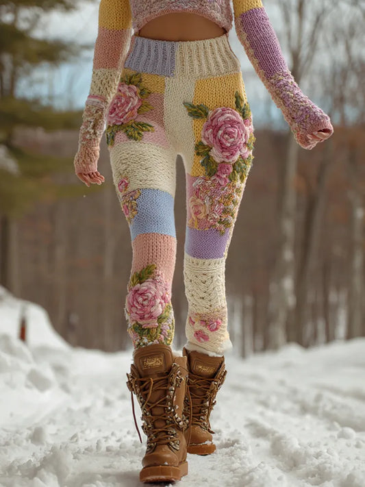 Women's Vintage Floral Art Patchwork Cozy Knit Leggings