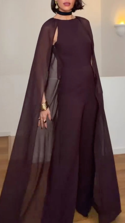 Chiffon Cape Sleeve Flared Leg Formal Jumpsuit