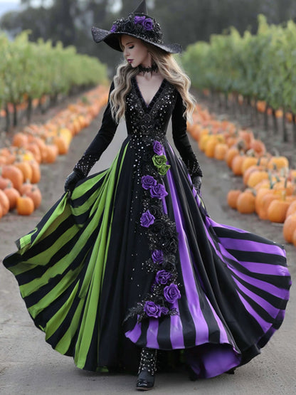 Women's  Halloween Black Green Purple Stripes Art Comfy Velvet V Neck Maxi Dress
