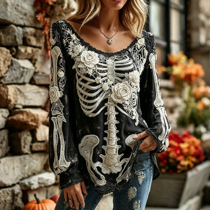 Women's Vintage Skeleton Rose Floral Art Long Sleeve T-shirt
