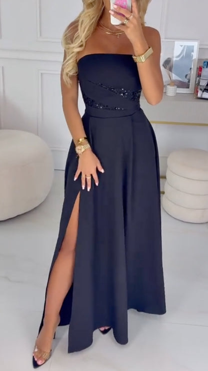 Black Sequin Strapless Maxi DressMidi Dress