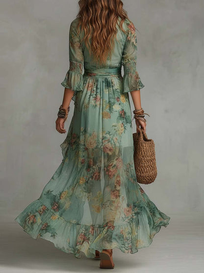 Grass Green Chiffon Irregular Ruffled Slit Maxi Dress