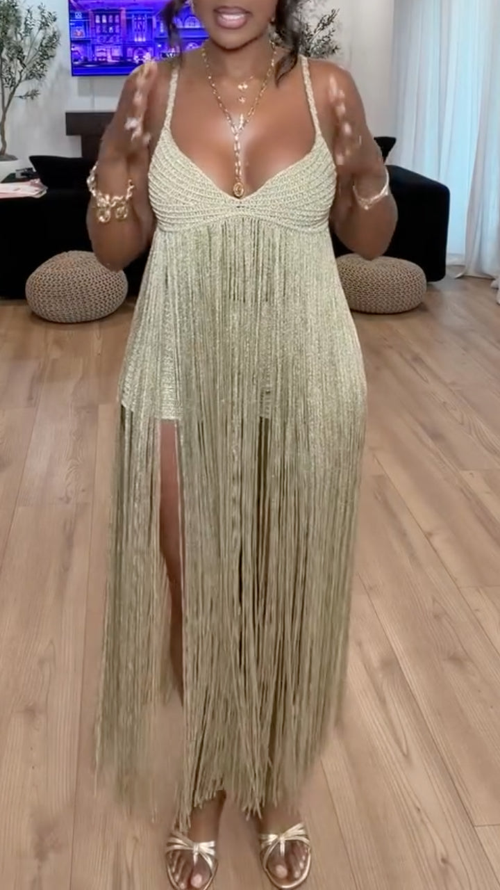 Gold Metallic Fringe Halter Neck Sleeveless Jumpsuit