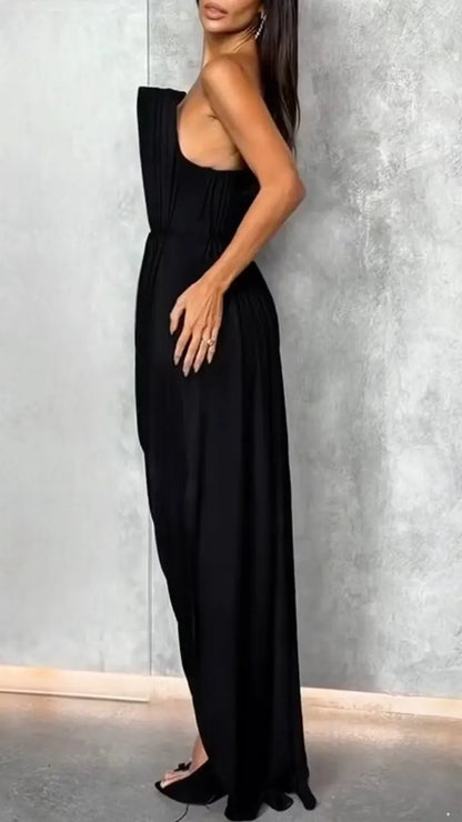 Black Strapless Draped Maxi Dress