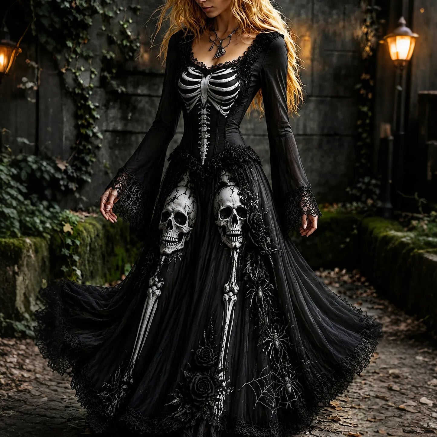 Women's Retro Gothic Skeleton Pattern Maxi Halloween Dress