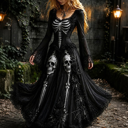 Women's Retro Gothic Skeleton Pattern Maxi Halloween Dress