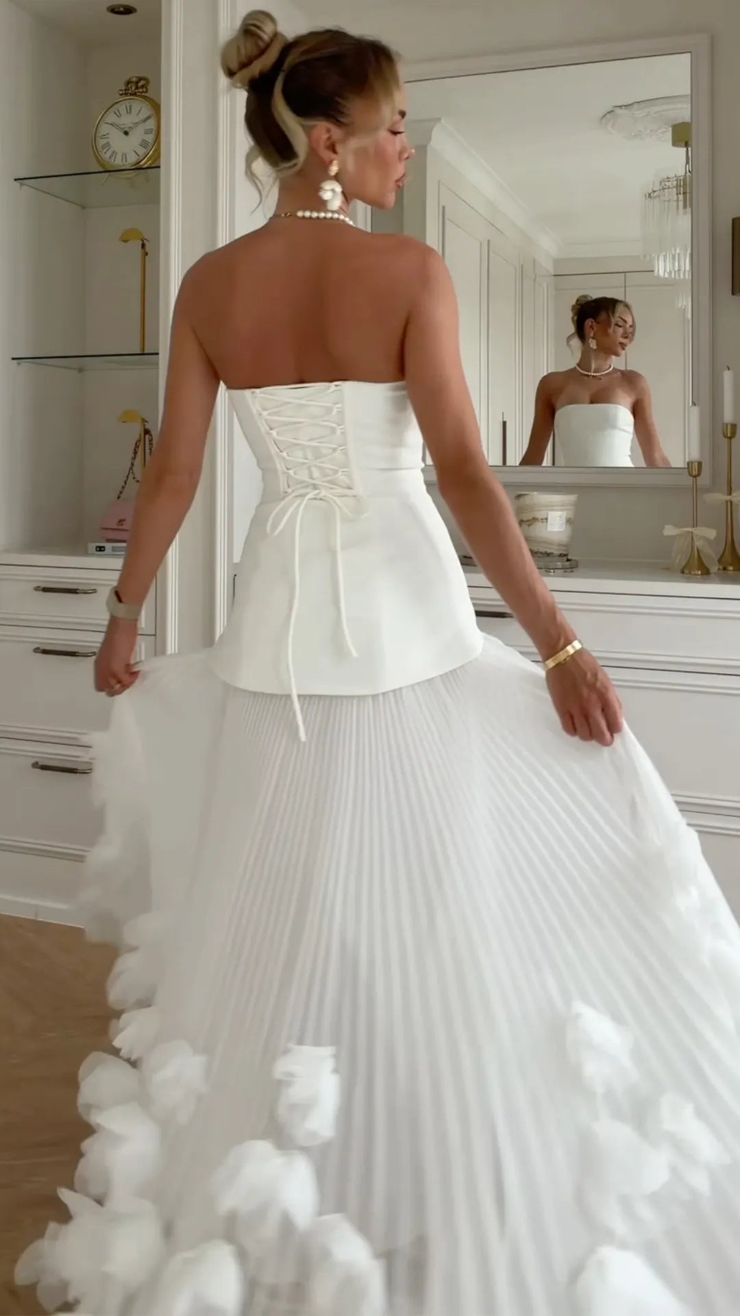 Strapless 3D Petal Pleated Bridal Maxi Dress