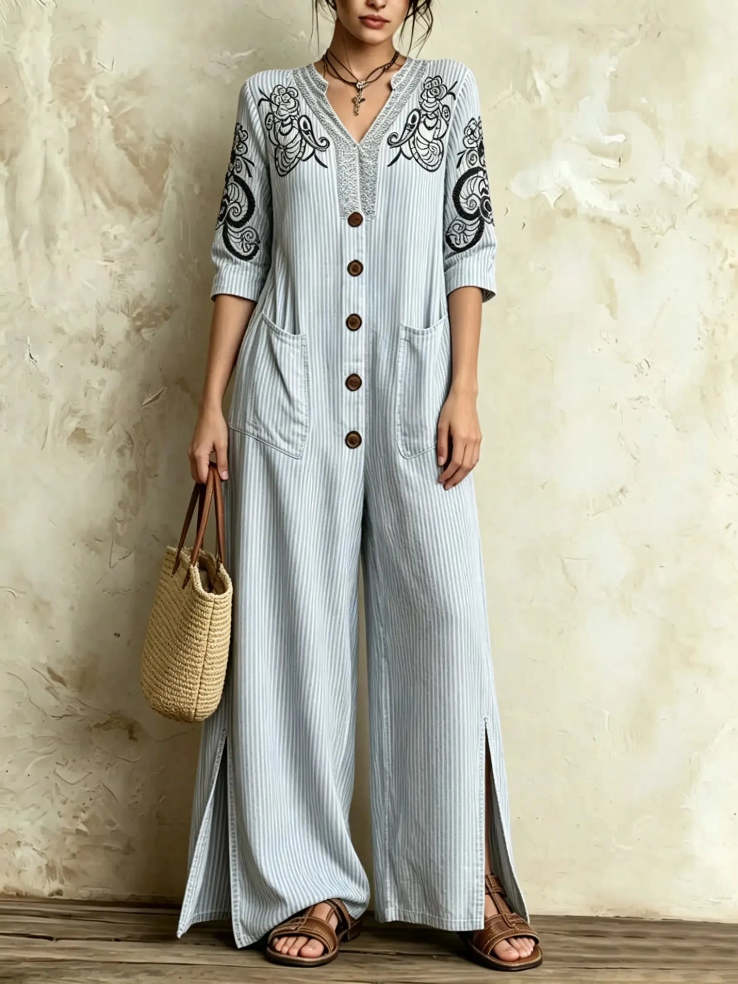 Women's Thin Vertical Stripe Floral Embroidery V Neck Split Wide Leg Jumpsuit