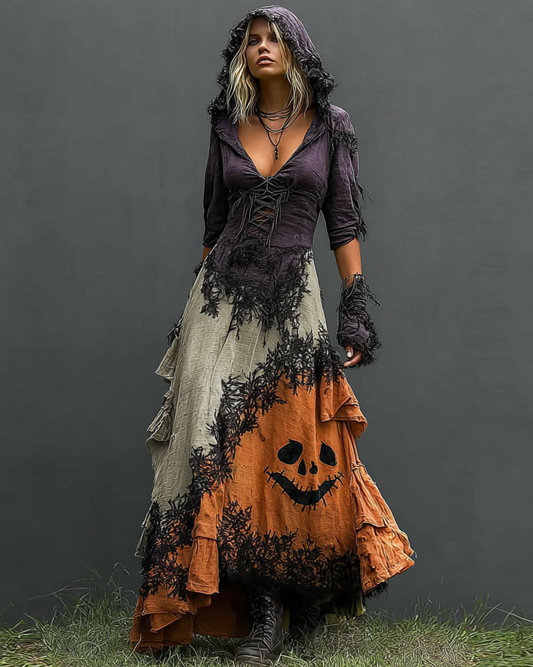 Halloween Themed Irregular Lace Patchwork Embroidered Hooded Dress 79d6