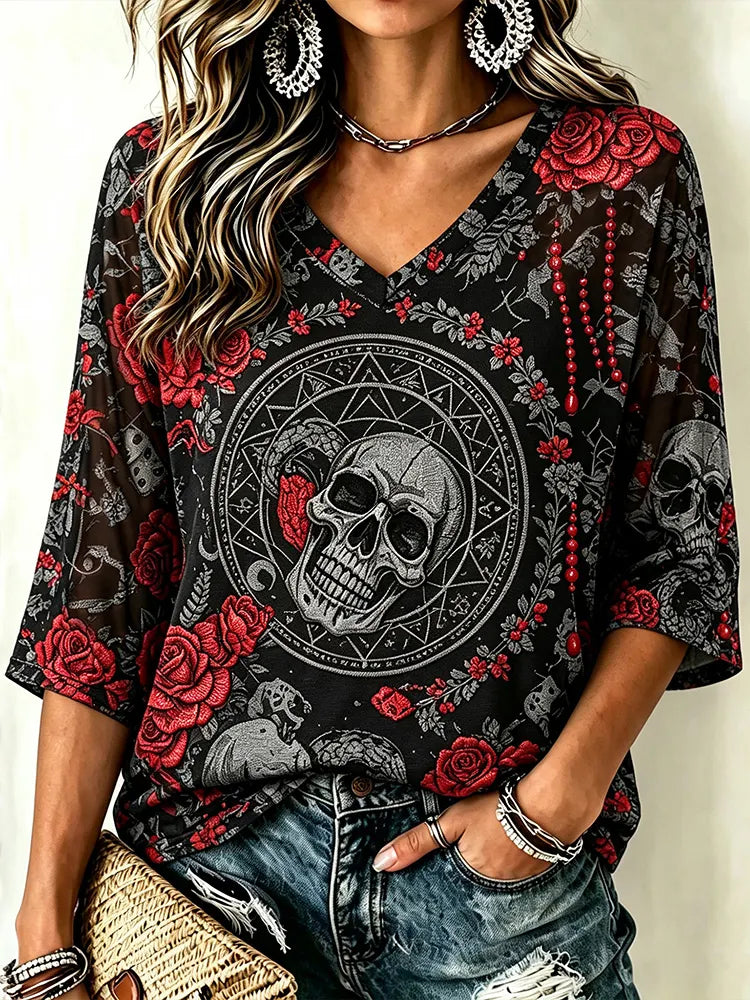 Women's Vintage Occult Skull Red Rose  Gothic V-neck Top
