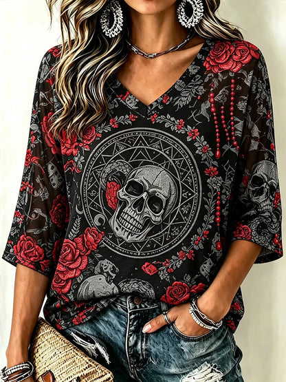 Women's Vintage Occult Skull Red Rose  Gothic V-neck Top