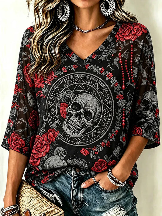 Women's Vintage Occult Skull Red Rose  Gothic V-neck Top