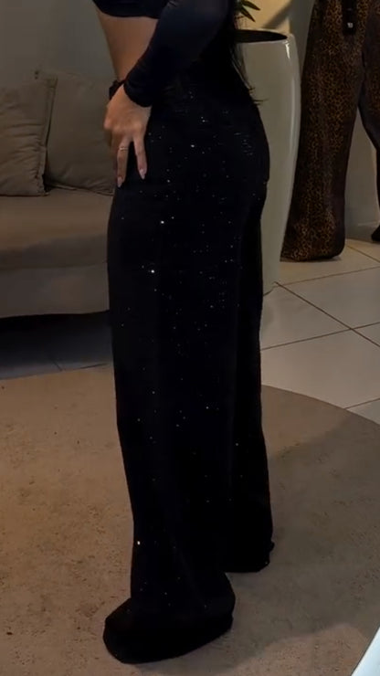 Rhinestone-Embellished High-Waisted Wide-Leg Denim Jeans