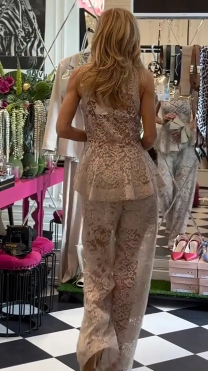 Floral Lace Peplum Top & Wide Leg Pants Co‑Ord Set