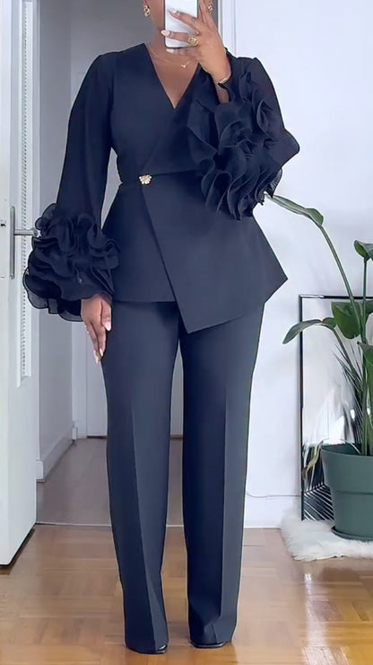 V-Neck Fitted Waist Ruffled Long Sleeve Top & Trousers Set