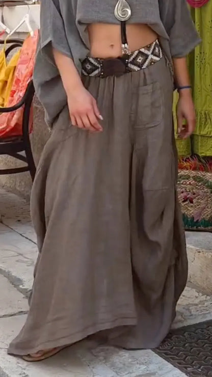 Beige Linen Layered Maxi Skirt