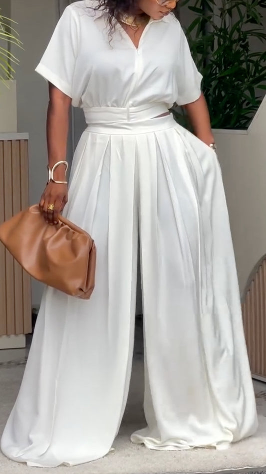 White Satin Cinched-Waist Co-Ord Set