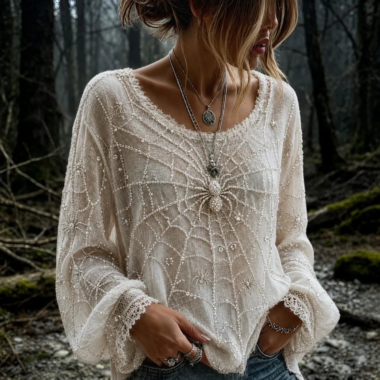 Women's Vintage Halloween Spider And Web Embroidery Long Sleeve T-shirt