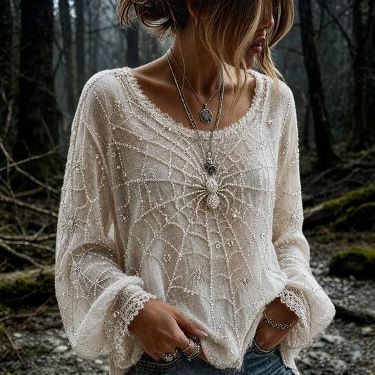 Women's Vintage Halloween Spider And Web Embroidery Long Sleeve T-shirt