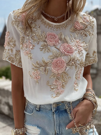Women's Vintage Pink Rose Embroidery Art Short Sleeve Linen Blend T-shirt