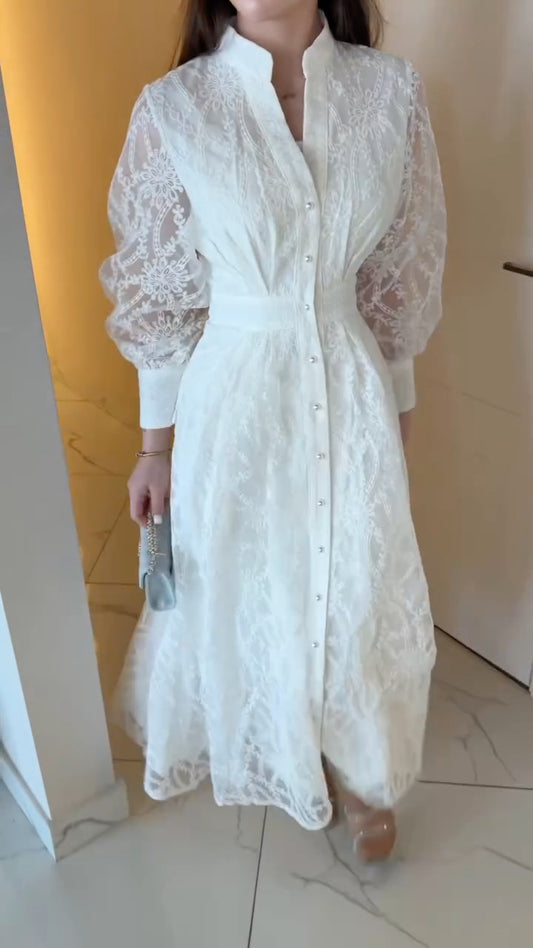 White Lace Button-Front Maxi Dress