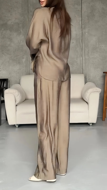 V-Neck Blouse & Pleated Wide Leg Pants Co-Ord Set