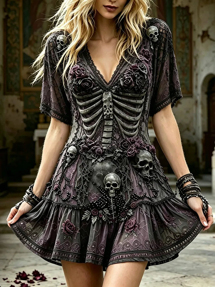 Women's Retro Skull Floral Gothic V-neck Short-sleeve Dress