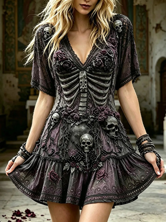 Women's Retro Skull Floral Gothic V-neck Short-sleeve Dress