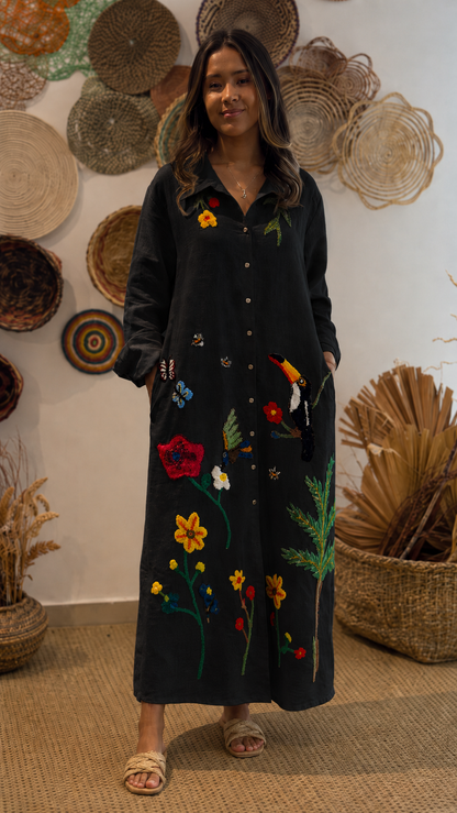 Floral & Bird Embroidered Linen Shirt Midi Dress