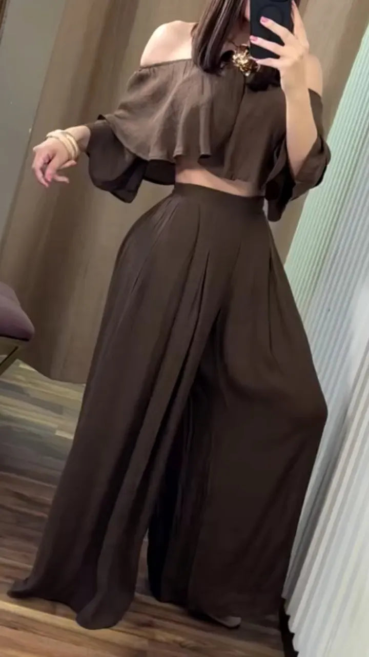 Off-Shoulder Crop Top & Wide Leg Pants Set