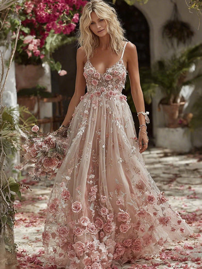 Women's Vintage Pink Rose Art V Neck Maxi Dress