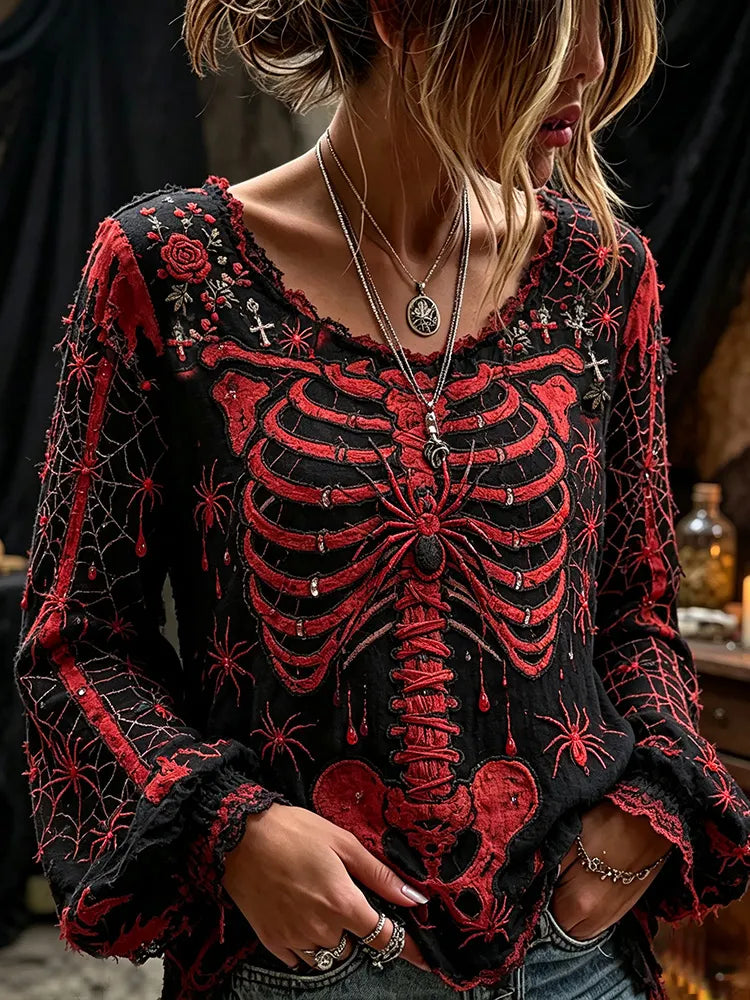 Women's Halloween Spider And Skull Art Color-block Crewneck Long Sleeve Top
