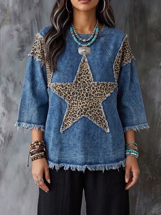 Vintage Elegant Color-Blocked Denim Patchwork Leopard Print Shirt