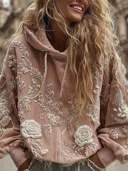 Women's Classic Romantic White Rose Embroidery Art Comfy Hoodie