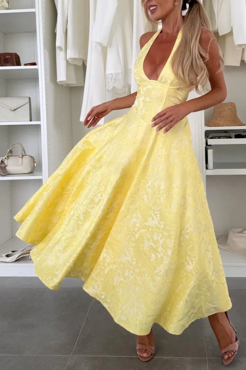 Halter Neck Jacquard Corset Flared Maxi Dress