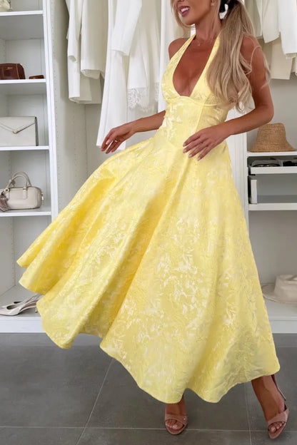 Halter Neck Jacquard Corset Flared Maxi Dress