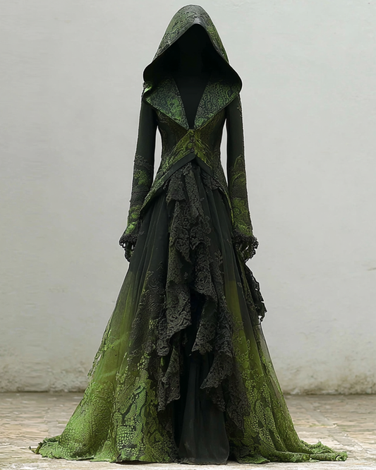 Halloween Gradient Snake Print Lace Paneled Ruffle Hooded Dress 16a1