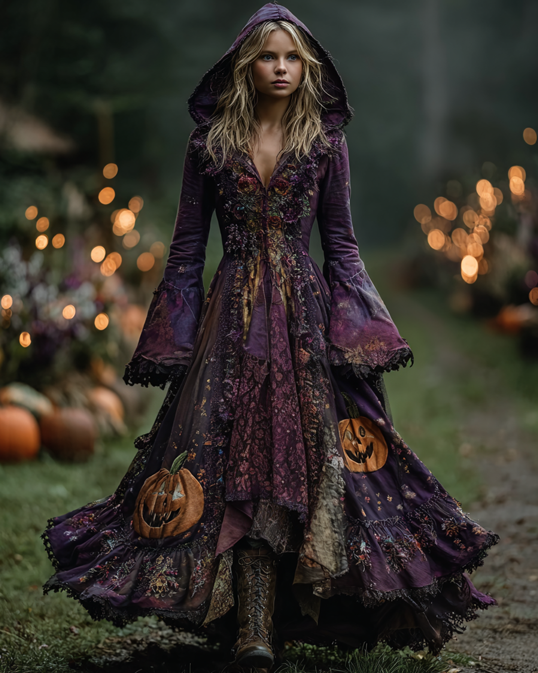 Halloween Theme Ombre Pumpkin Spiderweb Embroidery Ruffle Hooded Dress 8b84
