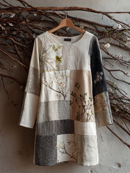 Vintage Japanese Floral Art Quilted Linen Round Neck Dress