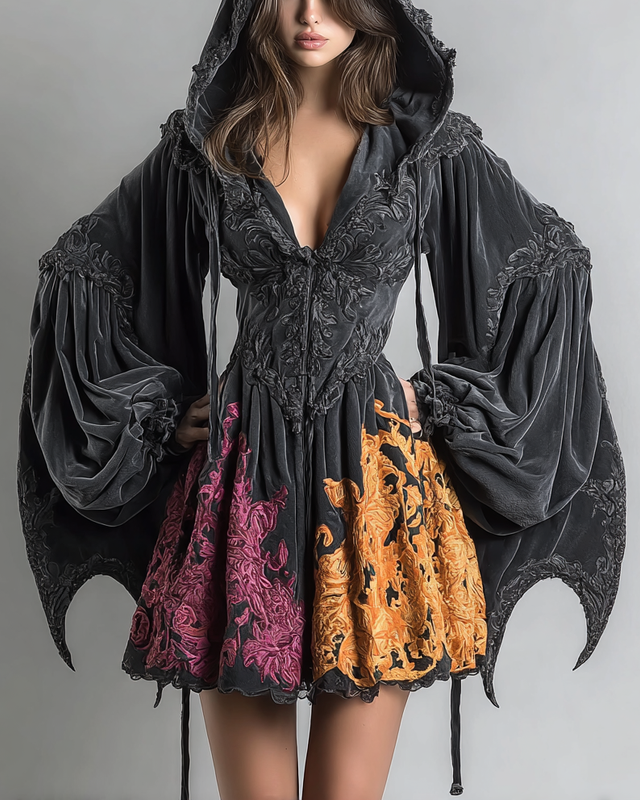 Women's Halloween Bat Wing Sleeve Contrast Dress f28a