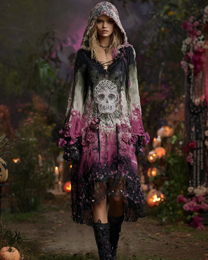 Halloween themed gradient irregular skull floral crochet knitted hooded dress 1dec