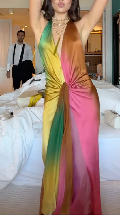 Rainbow Halter Deep V Twist Satin Maxi Dress