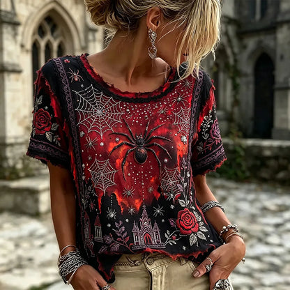 Women's Halloween Spider And Rose Art Rhinestone Vintage Crew Neck Short Sleeve Top
