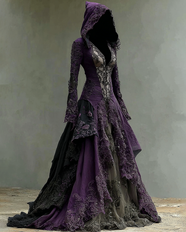 Halloween Themed Irregular Embroidered Lace Patchwork Hooded Linen Dress e535