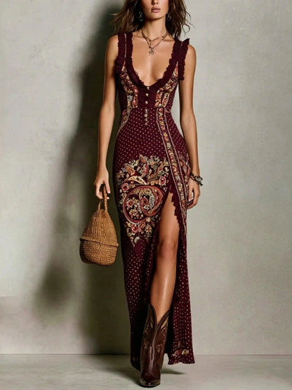Bohemian-Style Printed Dress with Deep V-Neck and High Slit