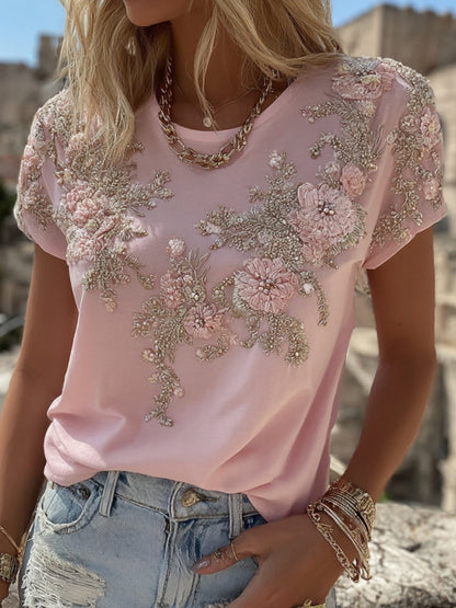 Women's Vintage Pink Flower Embroidery Art Short Sleeve Linen Blend T-shirt