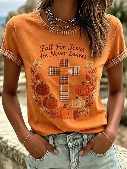 Fall For Jesus He Never Leaves Halloween Cat Patch Casual T-shirt.