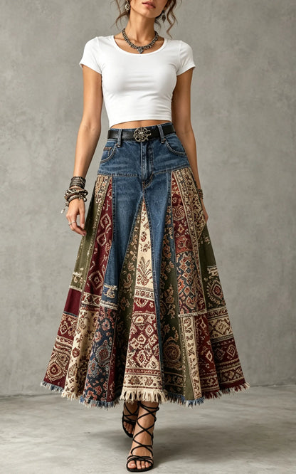 Bohemian Patchwork Denim Maxi Skirt