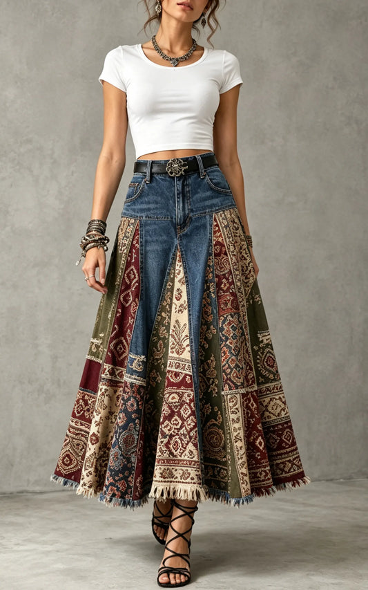 Bohemian Patchwork Denim Maxi Skirt